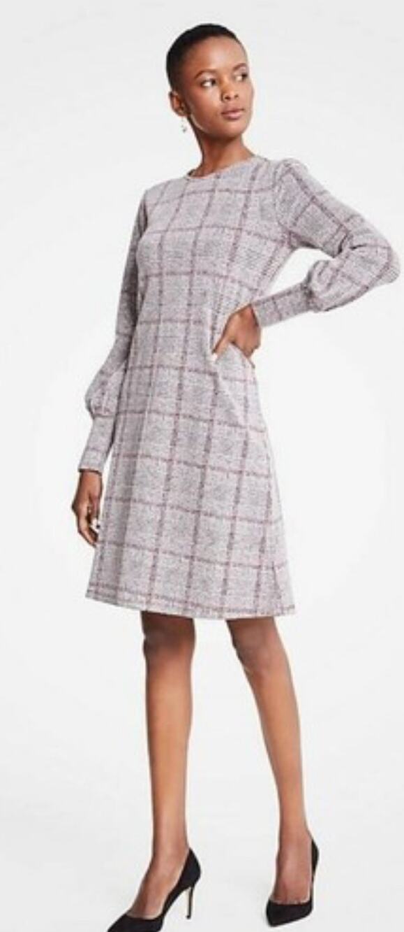 Ann Taylor Petite Dress Plaid Shift with Bishop Sleeves Women's Size SP